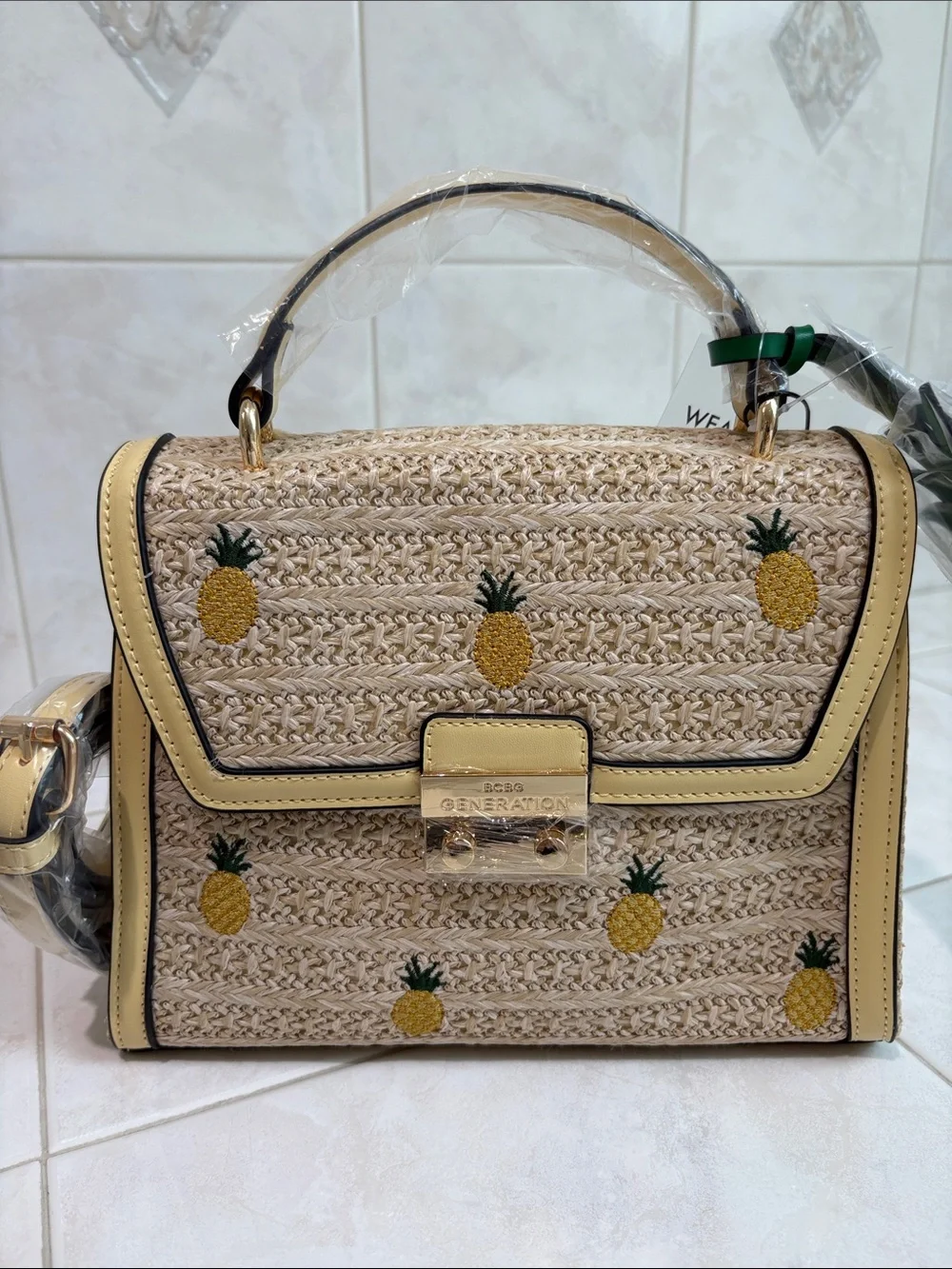 BCBG Generation Pineapple Straw Top-Handle Bag in Yellow with Crossbody Strap